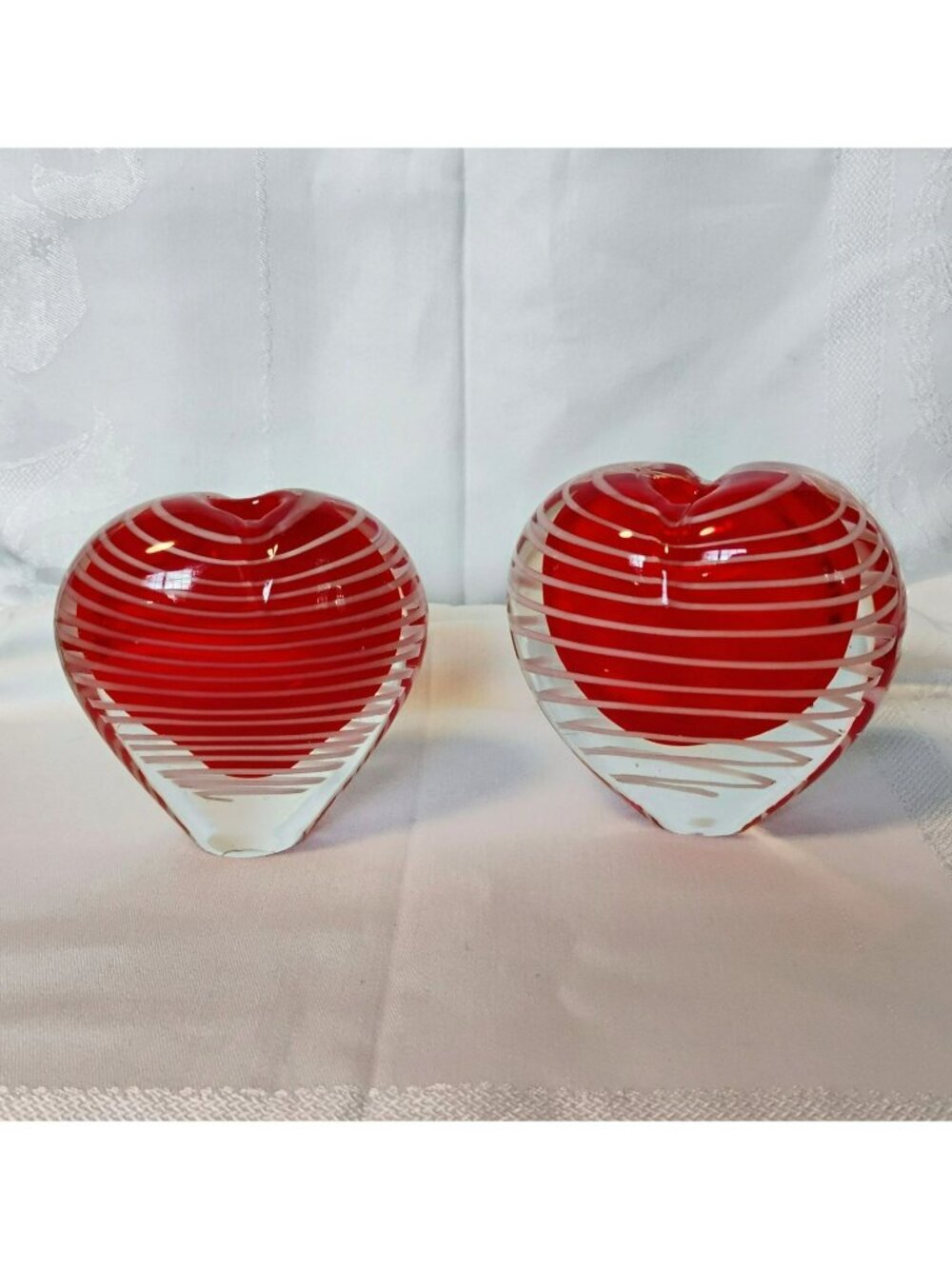 Vintage Murano-Style Hand-blown Art Glass Heart Bud Vase, Red White Striped 4"